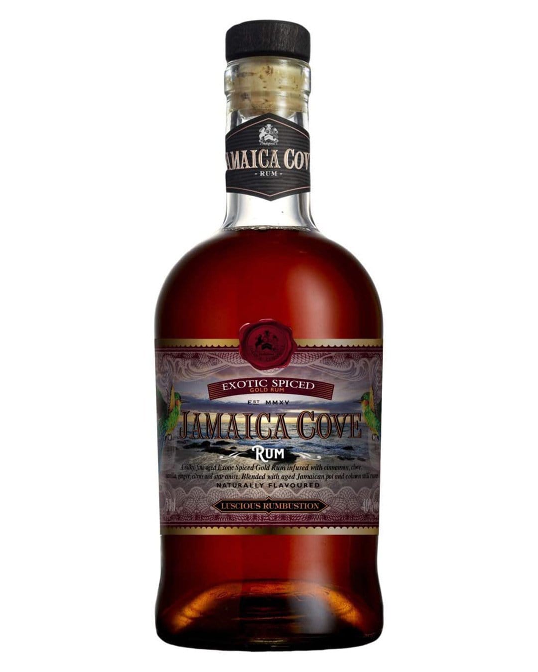Dark amber glass bottle with a wooden cork, featuring a decorative label that reads "Jamaica Cove Exotic Spiced Rum" and tropical imagery, 70 Cl volume.