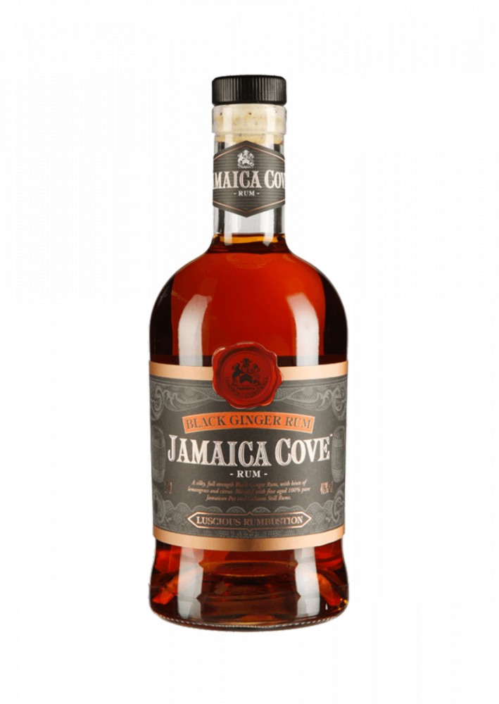 Amber-colored bottle of Jamaica Cove Ginger Black Spiced Rum, featuring a dark label with silver accents and a prominent logo, holding 70 cl of rum.