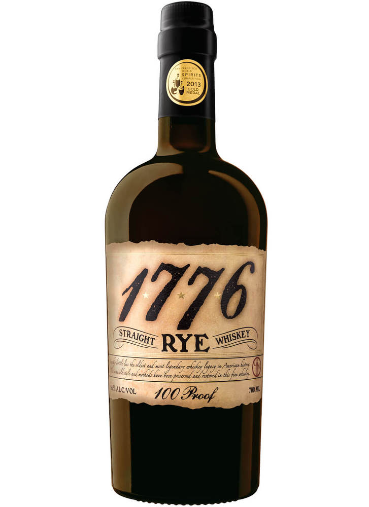 Amber bottle of James E Pepper 1776 Straight Rye Whiskey, featuring a vintage-style label with "1776" prominently displayed, and a gold seal at the neck indicating quality.