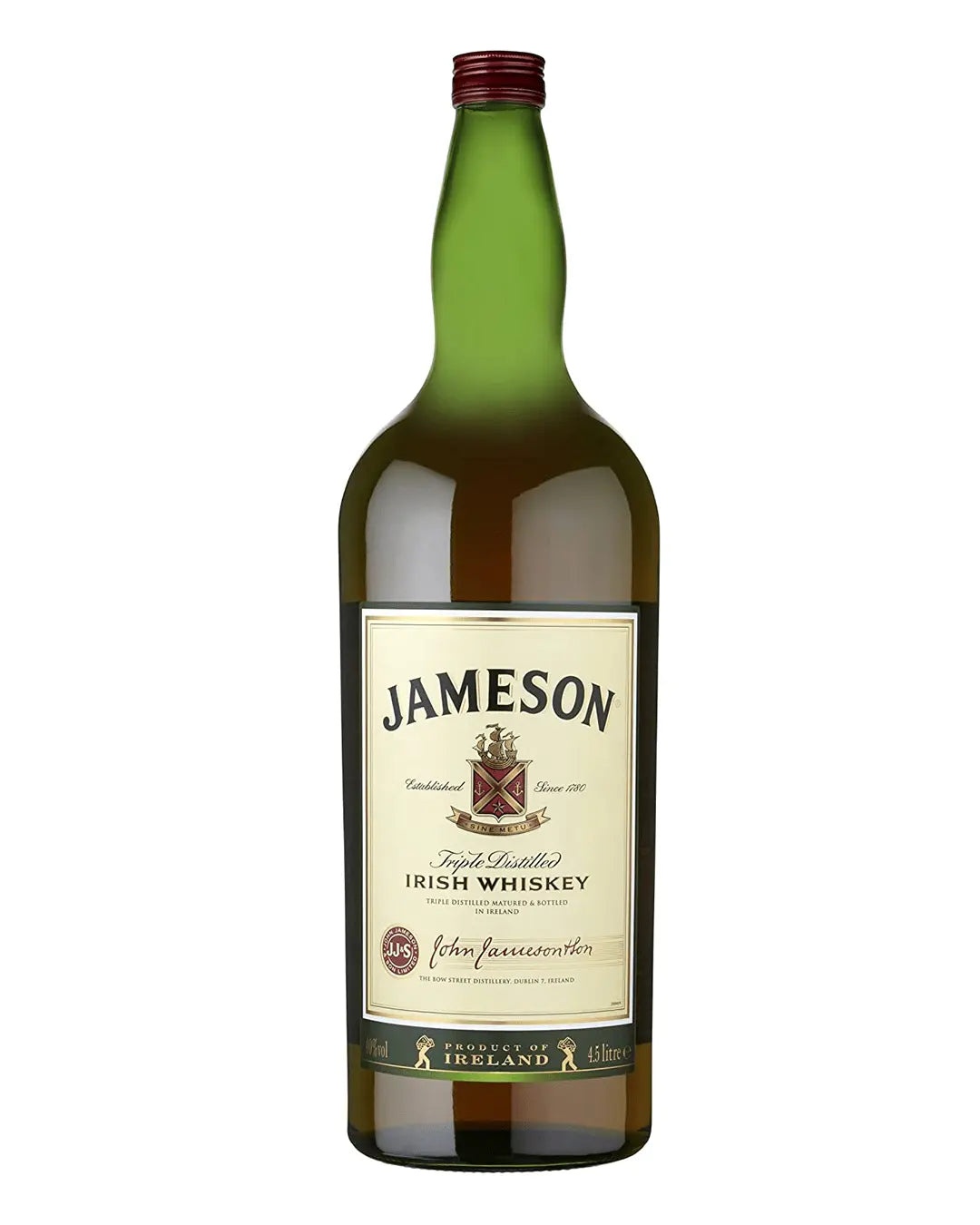 Green glass bottle of Jameson Irish Whiskey, 4.5 L, featuring a cream label with red and gold accents, and the brand name prominently displayed in bold letters.