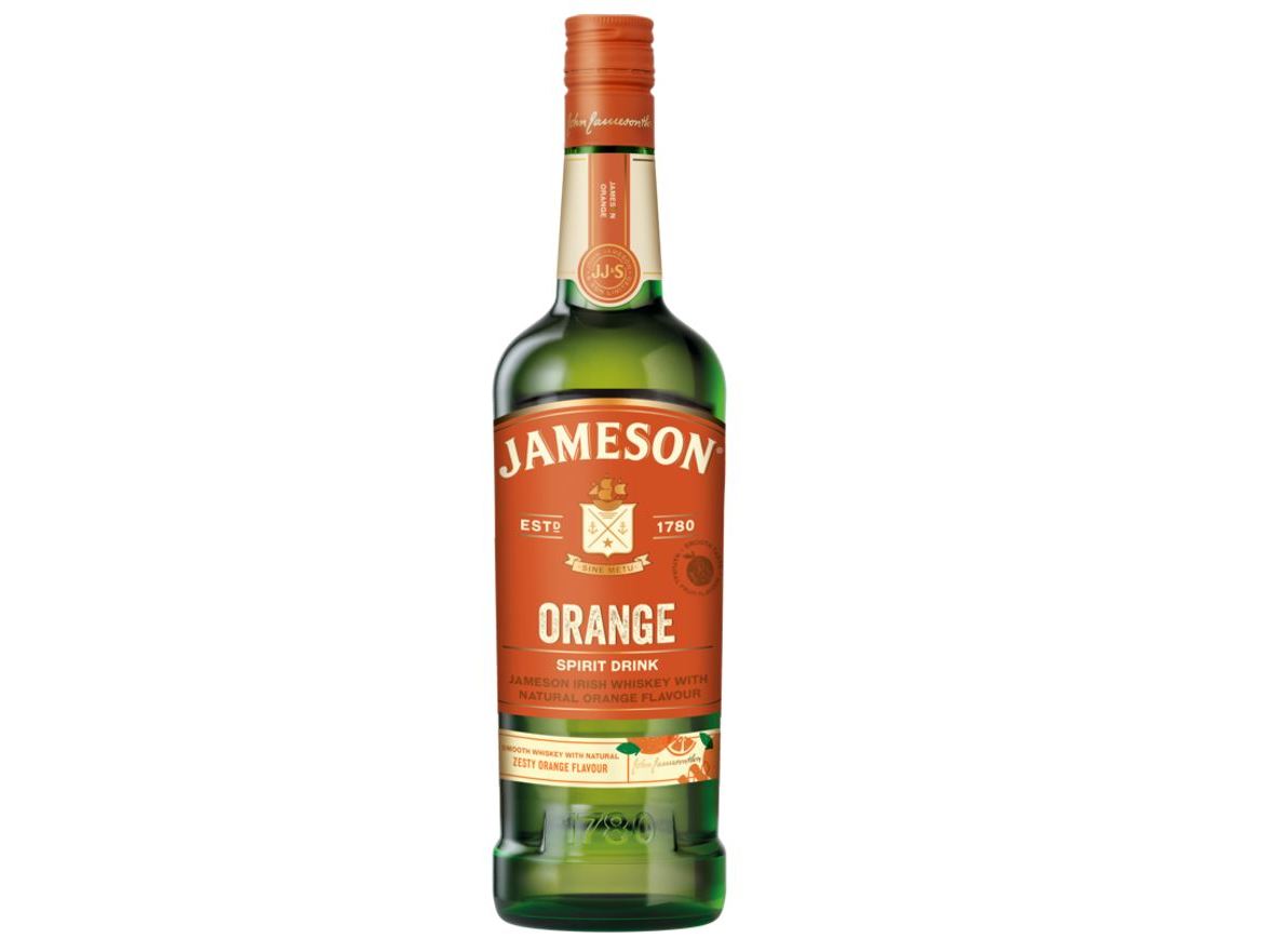 Green glass bottle of Jameson Orange Irish Whiskey, featuring an orange label with white text, and a copper-colored cap, showcasing the brand's logo and flavor details.