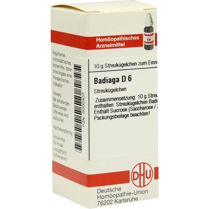 A small, rectangular cardboard box with a white background and red accents, labeled "Badiaga D 6," containing homeopathic pellets, with a logo at the bottom.