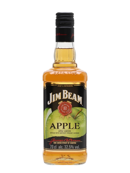 Clear glass bottle of Jim Beam Apple Kentucky Straight Bourbon Whiskey, featuring a black label with red and green accents, showcasing an apple graphic, 70 cl size, 32.5% alcohol by volume.