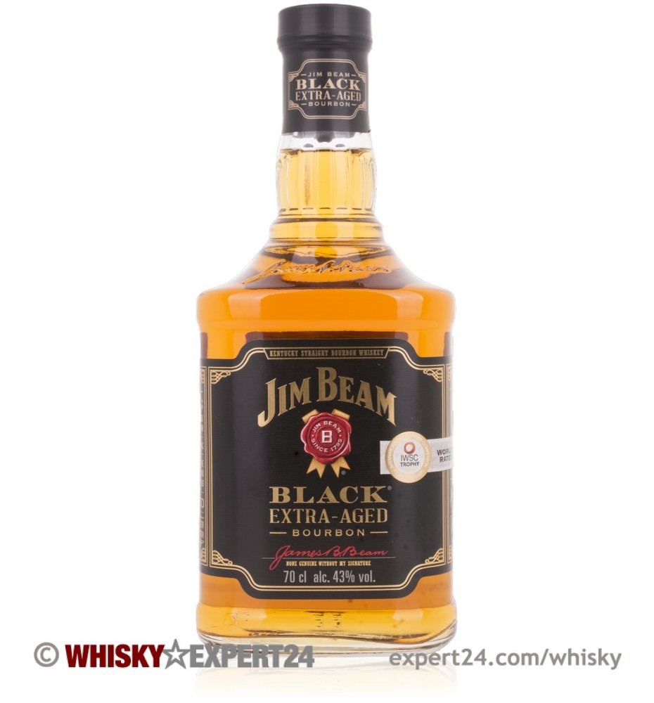 Amber-colored bourbon whiskey in a tall, square glass bottle with a black label, gold accents, and a cork stopper, featuring "Jim Beam Black Extra Aged" prominently displayed.