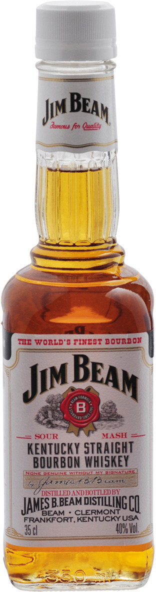 Clear glass half bottle of Jim Beam Bourbon Whiskey, 35 cl, with a golden amber liquid, featuring a white label with red and black text, and a cork cap.