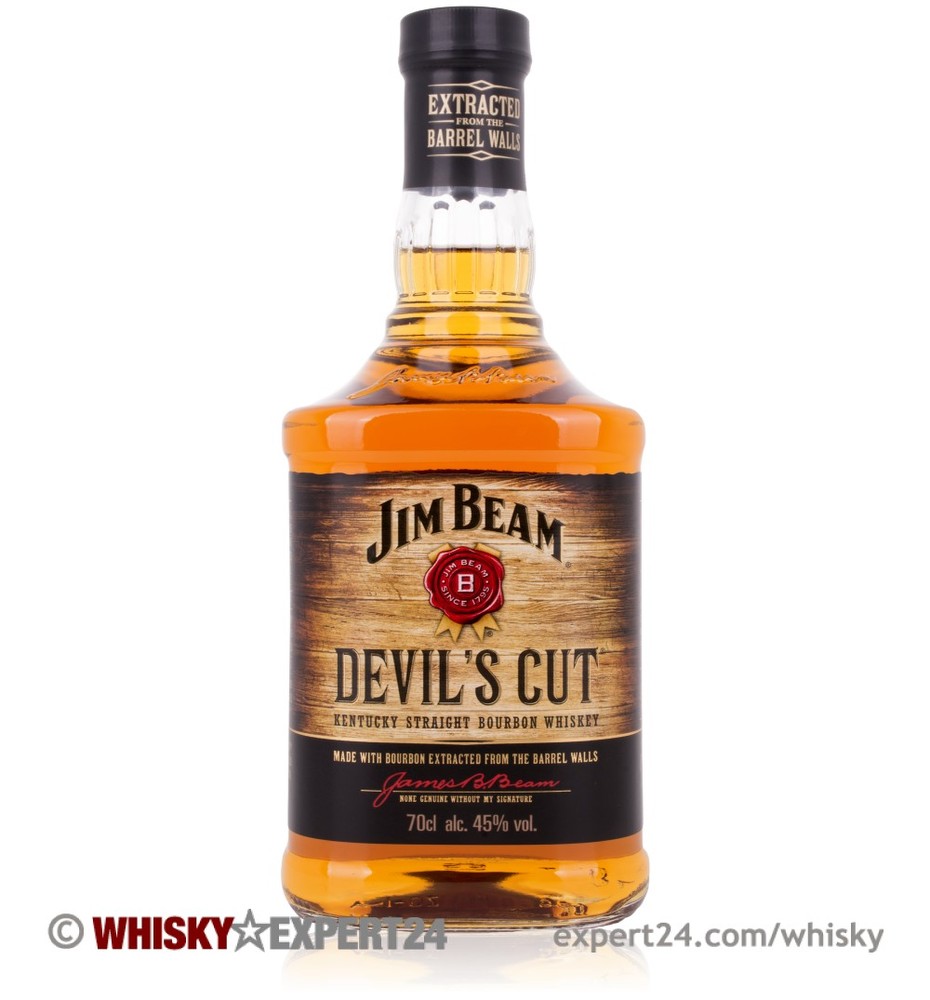 Amber-colored bourbon whiskey in a clear glass bottle with a black and gold label, featuring "Jim Beam" and "Devil's Cut" prominently displayed, 70 Cl, 45% vol.