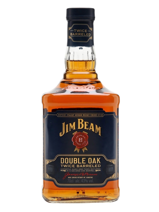 Clear glass bottle of Jim Beam Double Oak Bourbon Whiskey with a dark blue label, gold accents, and a cork stopper, containing amber liquid, 70 cl, 43% alcohol by volume.