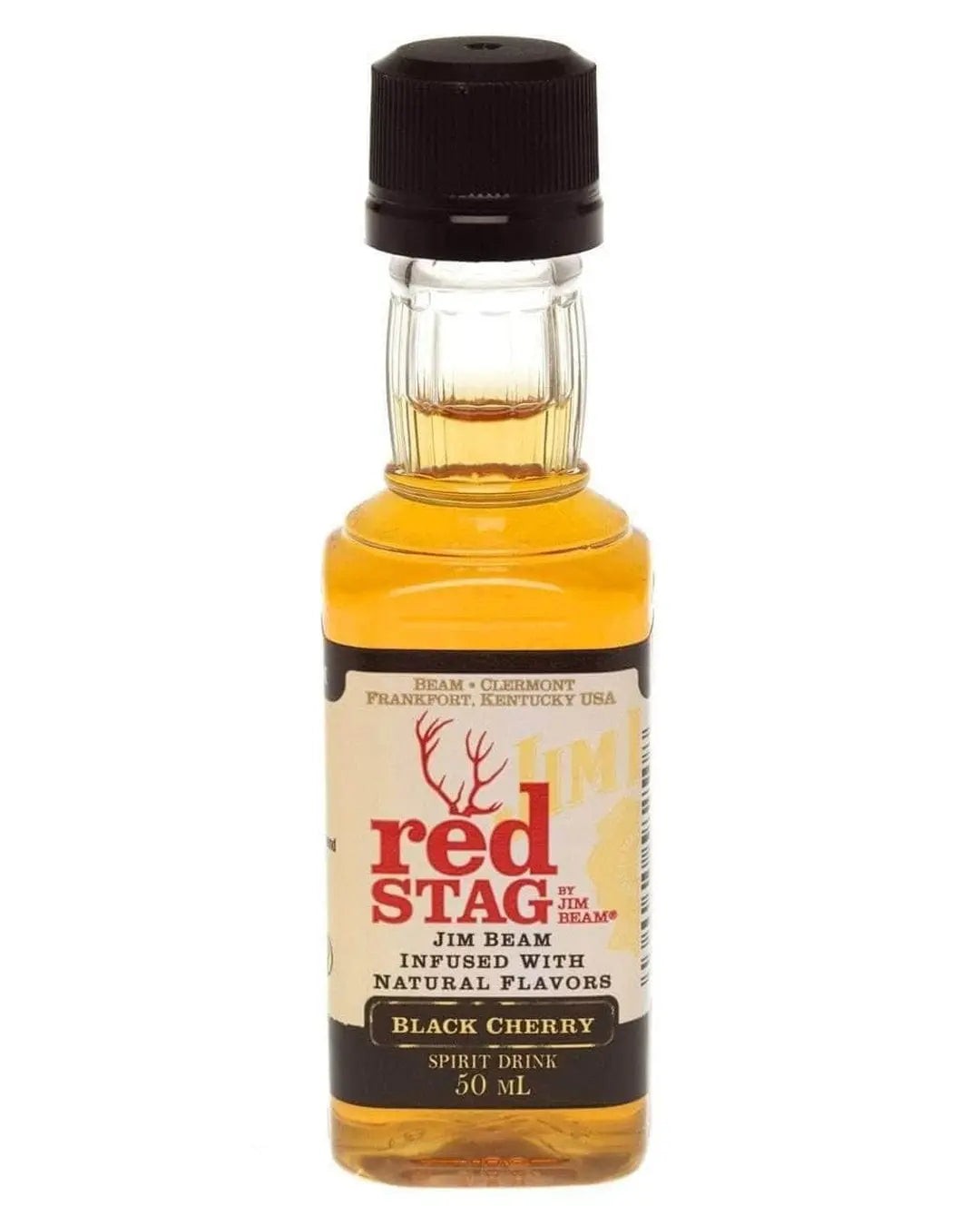 Miniature bottle of Jim Beam Red Stag Black Cherry Bourbon Whiskey, 5 Cl, featuring a clear glass body, amber liquid, black cap, and a label with red and black text.