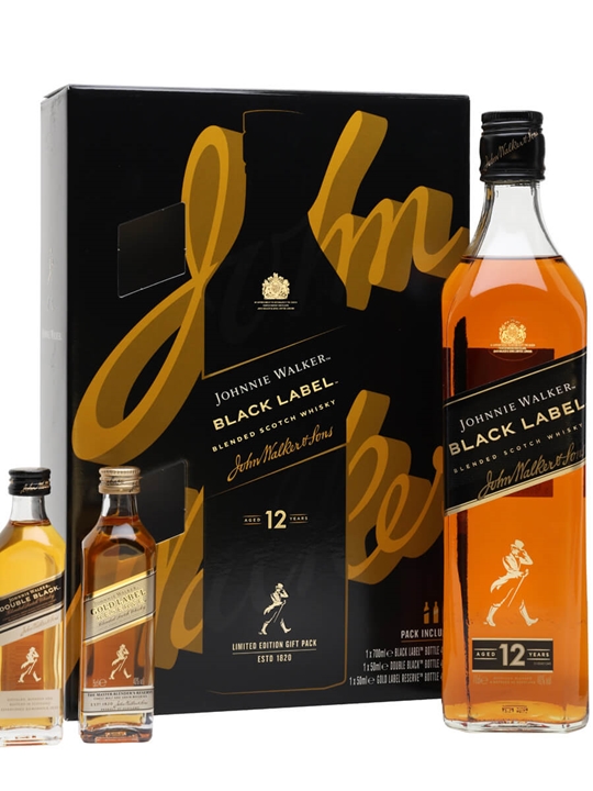 Johnnie Walker Black Label 70 Cl bottle with two miniature bottles, featuring a sleek glass design, gold and black label, and a stylish gift box with gold accents.