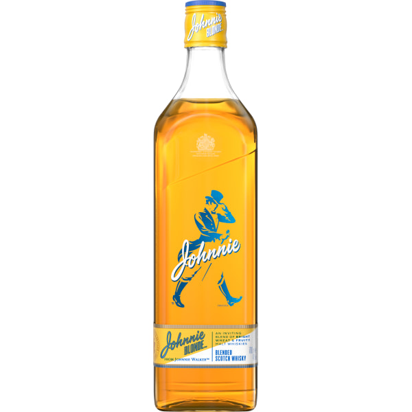 Clear glass bottle of Johnnie Walker Blonde Whisky, 70 Cl, featuring a vibrant yellow label with blue lettering and an iconic walking man logo.