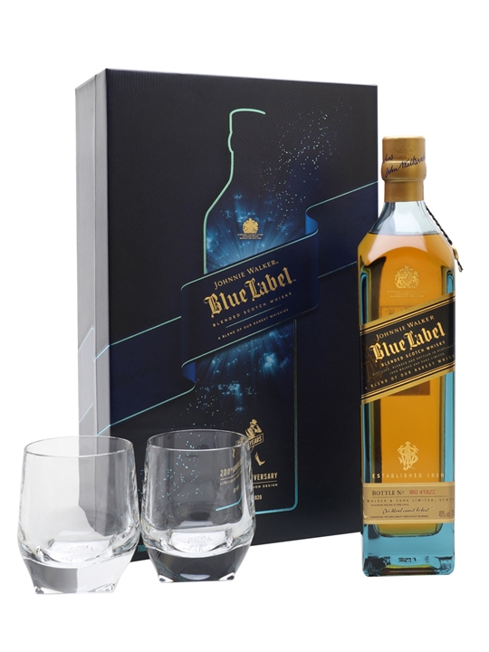 Johnnie Walker Blue Label Whisky Tumbler Gift Set featuring a 70 Cl bottle with a blue label and two crystal tumblers, all presented in a sleek black gift box.