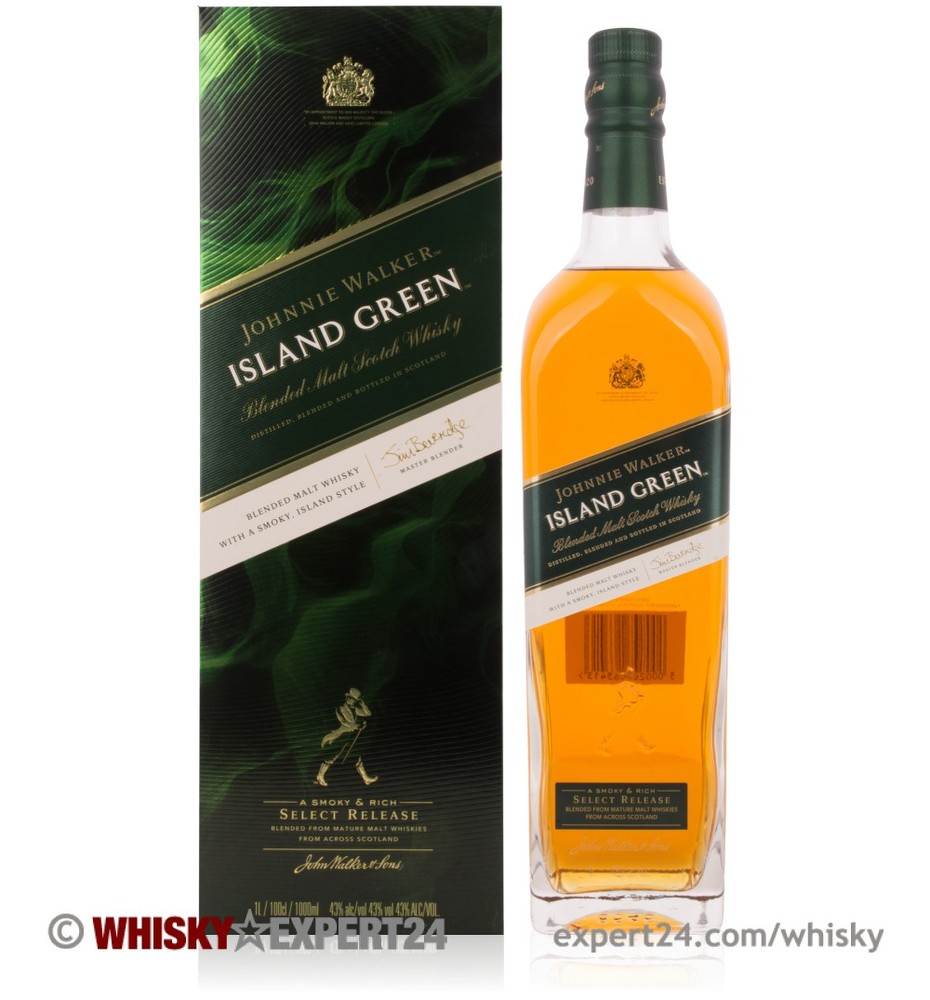 Johnnie Walker Island Green Label Whisky in a clear glass bottle with a green and gold label, featuring a dark green box with elegant detailing.