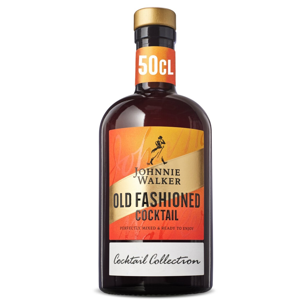 A dark amber bottle with a gold and orange label, featuring the text "Johnnie Walker Old Fashioned Cocktail" and "50 CL," showcasing a stylish design for easy pouring.