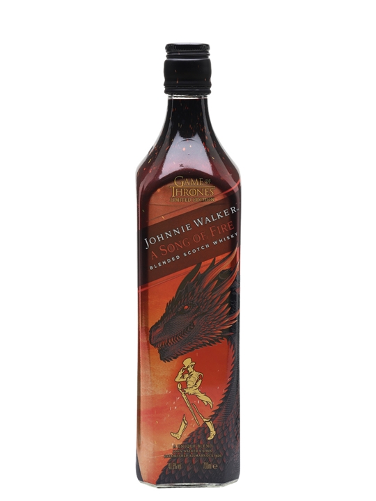 Johnnie Walker Song of Fire whisky bottle featuring a dragon design, deep red and black hues, with a sleek glass body and a black cap, labeled as a Game of Thrones edition.
