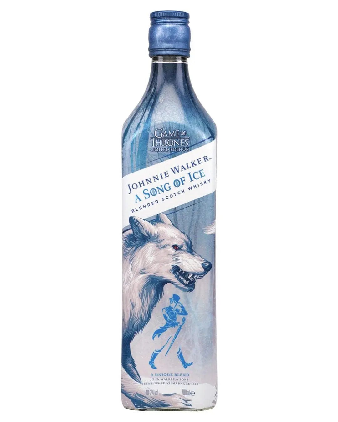 Tall blue bottle of Johnnie Walker Song of Ice whisky featuring a white direwolf and ice-themed artwork, labeled "A Song of Ice," with a silver cap.