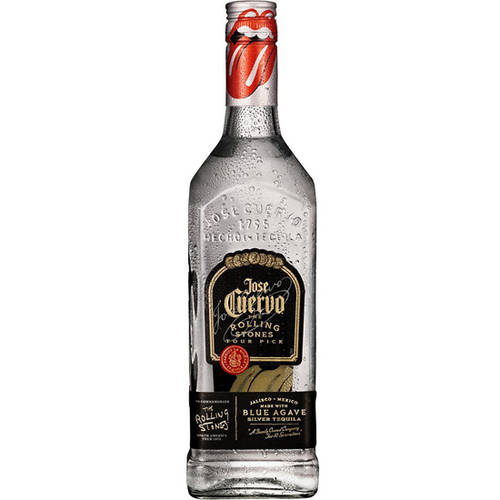 Clear glass bottle of Jose Cuervo Silver tequila, featuring a black and gold label, and a distinctive red Rolling Stones lips logo on the cap.