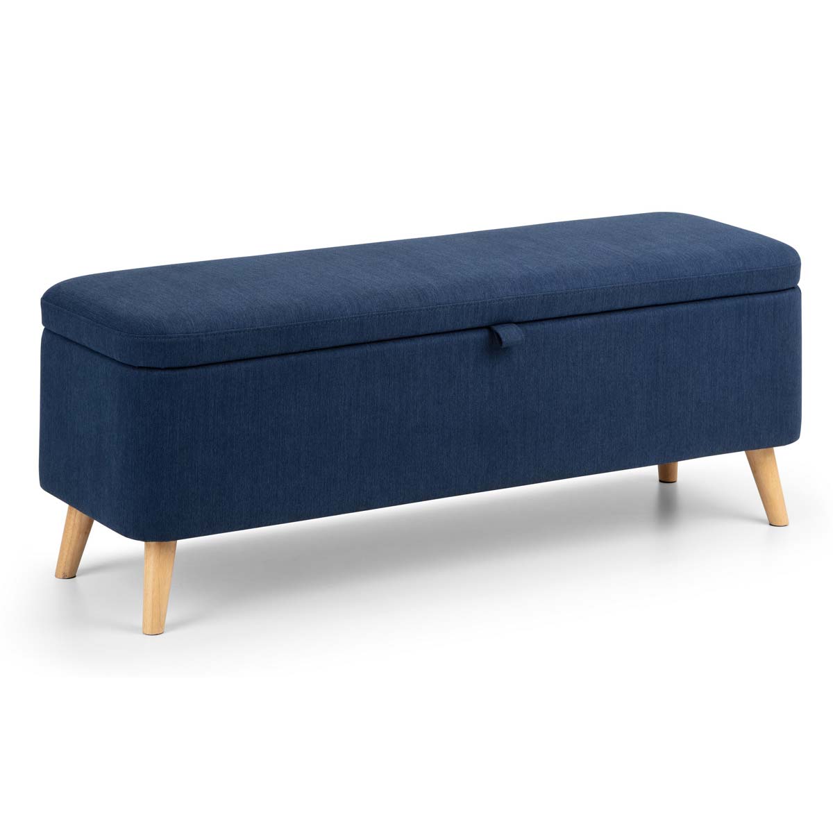 Blue fabric blanket box with a padded top, featuring a hidden storage compartment and light wooden legs, measuring 1.2m in length.