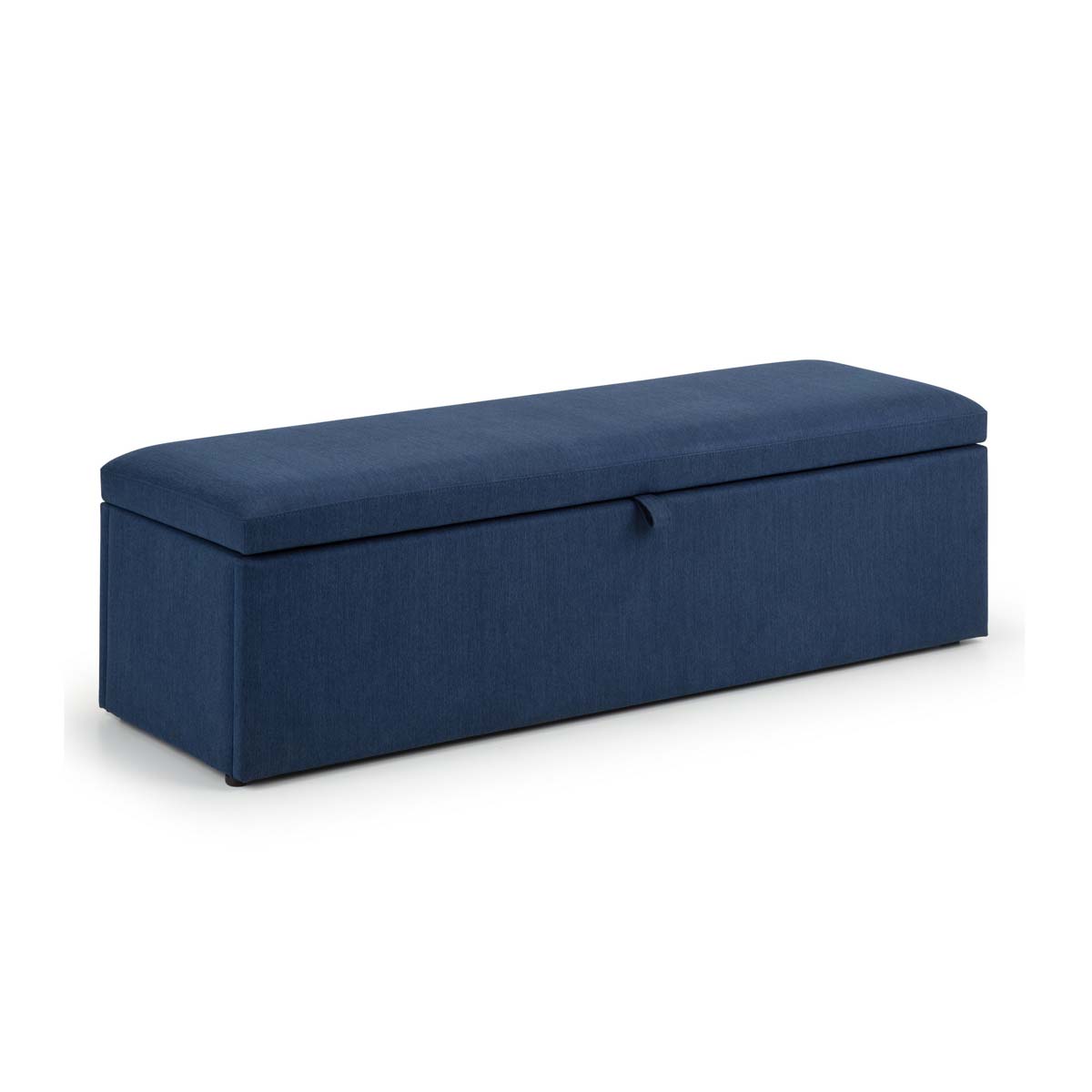 Blue upholstered blanket box with a cushioned top and a discreet handle, featuring a spacious interior for storage.