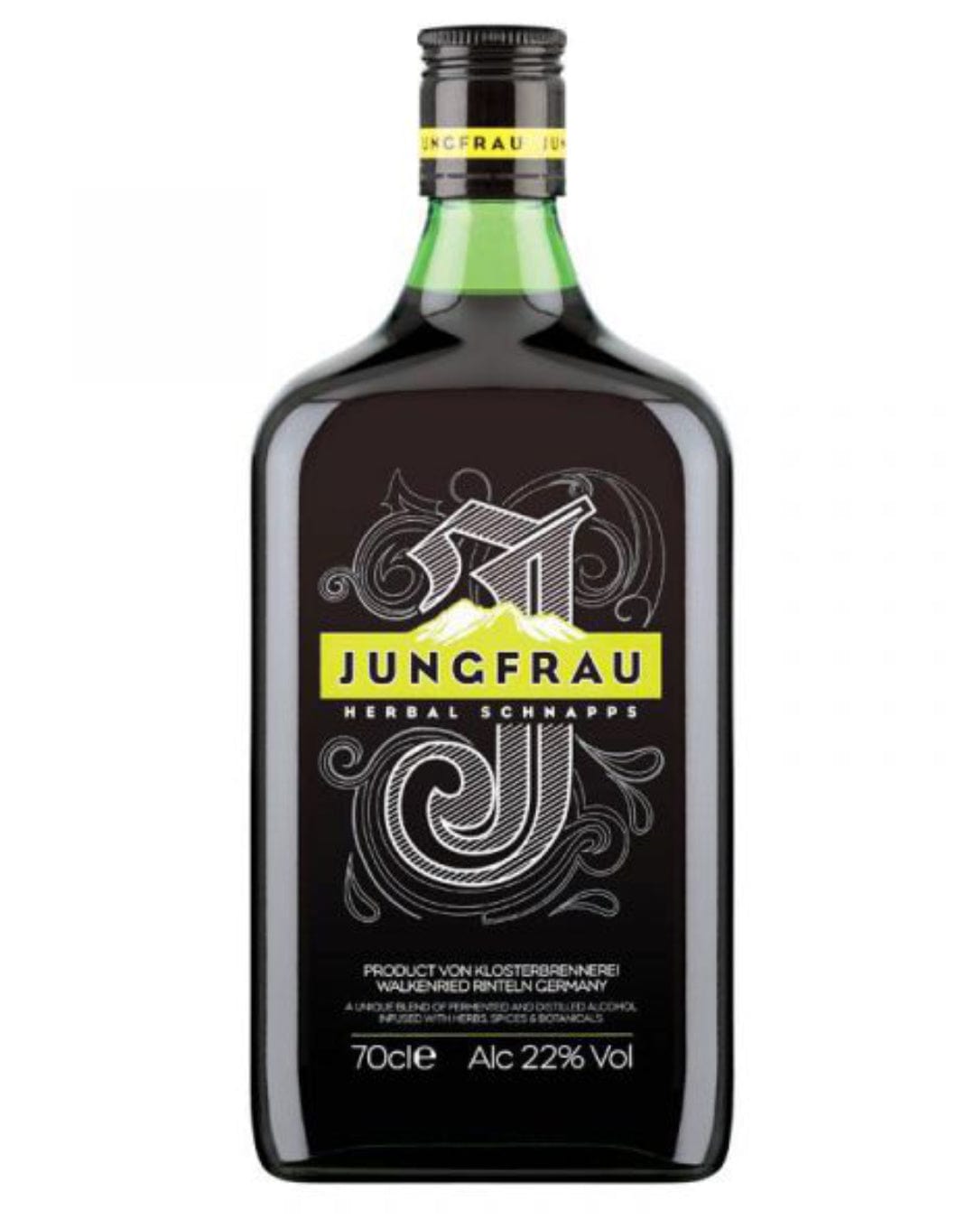 Dark glass bottle of Jungfrau Herbal Liqueur, featuring a green cap, bold yellow and white label with intricate designs, and 70 cl volume, displaying 22% alcohol content.