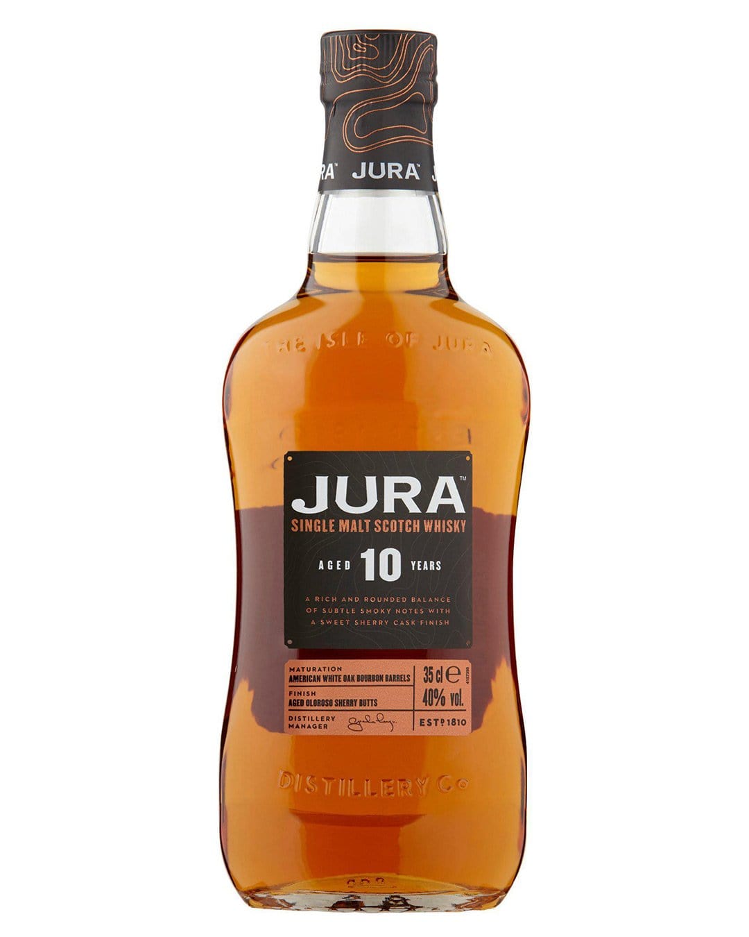 Amber-colored bottle of Jura 10 Year Old Whisky, 35 cl, featuring a curved glass design, black label with white text, and a cork stopper, showcasing its rich single malt heritage.