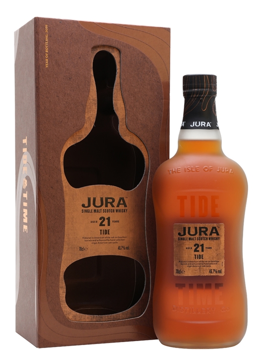 Amber-colored bottle of Jura 21 Year Old Tide Whisky, 70 cl, with a distinctive curved shape, featuring a textured label and a dark brown box with wave patterns.