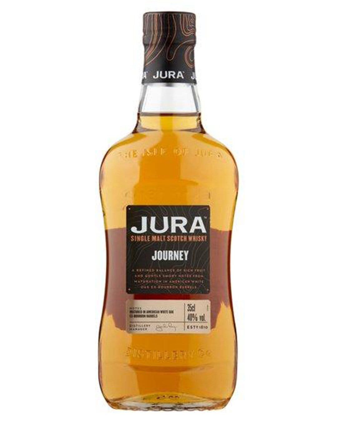 Amber-colored bottle of Jura Journey Malt Whisky, 35 Cl, featuring a textured cork top, a sleek shape, and a black label with white text detailing the whisky's name and alcohol content.