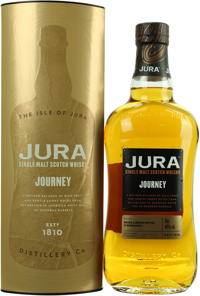 Jura Journey Malt Whisky in a clear glass bottle with a black label, featuring gold accents, alongside a gold cylindrical box, both showcasing the brand and product details.
