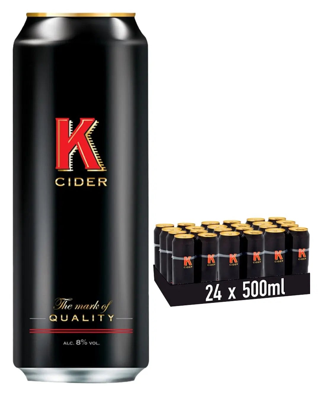 Black cans of K Cider with gold caps, featuring a prominent red "K" logo and "The mark of QUALITY" text, arranged in a multipack of 24, each can holding 500 ml.