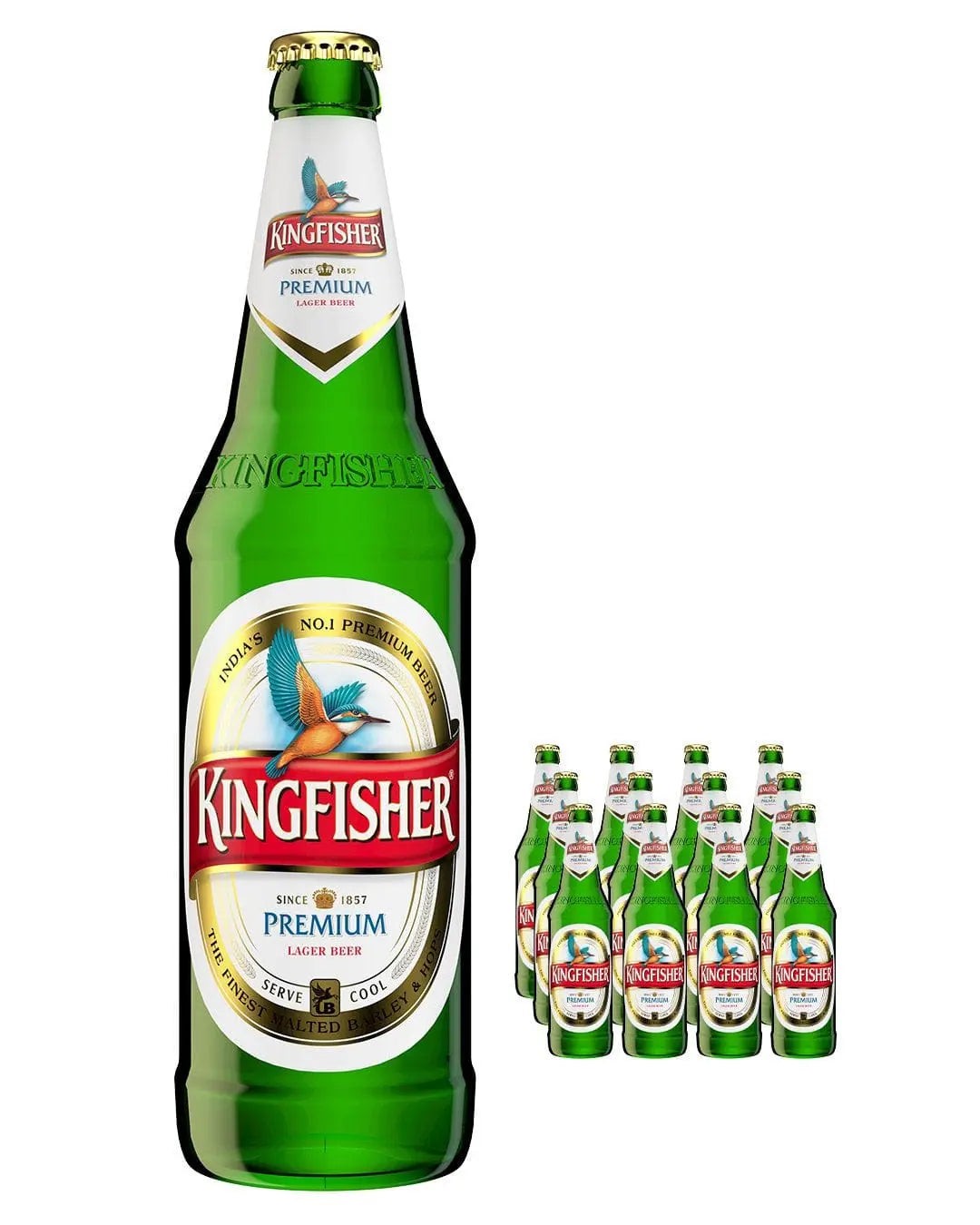 Green glass bottle of Kingfisher Premium Lager with a red and white label, featuring a colorful kingfisher logo, alongside a multipack of 12 bottles, each 650 ml.