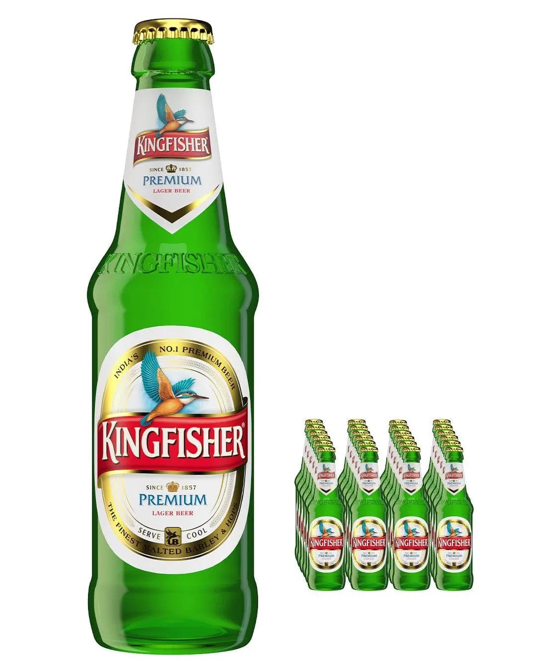 Green glass bottle of Kingfisher Premium Lager Beer, featuring a prominent label with a bird logo, alongside a multipack of 24 smaller bottles, each 330 ml.