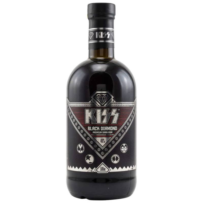 Kiss Black Diamond Rum in a sleek black glass bottle, featuring a diamond logo and intricate silver and white designs, with a capacity of 50 cl.