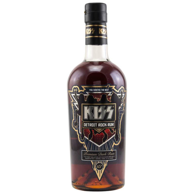 Kiss Detroit Rock Premium Dark Rum bottle featuring a dark brown liquid, a black and gold label with a bold logo, and intricate designs, sealed with a black cap.