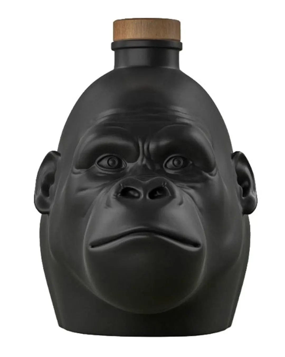 Black ceramic bottle shaped like a gorilla's head with a wooden cork, featuring detailed facial features and a matte finish, containing 70 cl of Kong Black Rum.