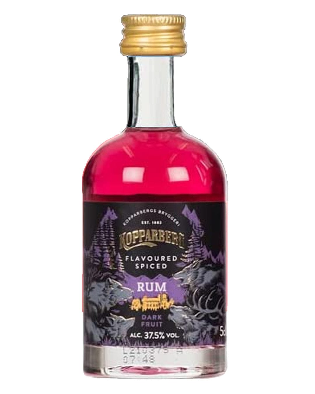 Kopparberg Dark Fruit Spiced Rum miniature bottle, 5 cl, featuring a vibrant pink liquid, gold cap, and a dark-themed label with mountains and the brand logo.