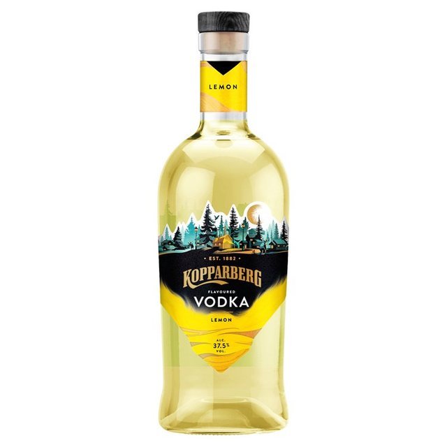 Clear glass bottle of Kopparberg Lemon Premium Vodka with a yellow label featuring a forest design and a black band, capped with a wooden stopper, containing 70 cl.