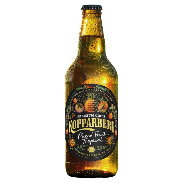 Kopparberg Mixed Fruit Tropical Premium Cider bottle features a golden glass design with condensation, adorned with colorful tropical fruit illustrations and a black label.