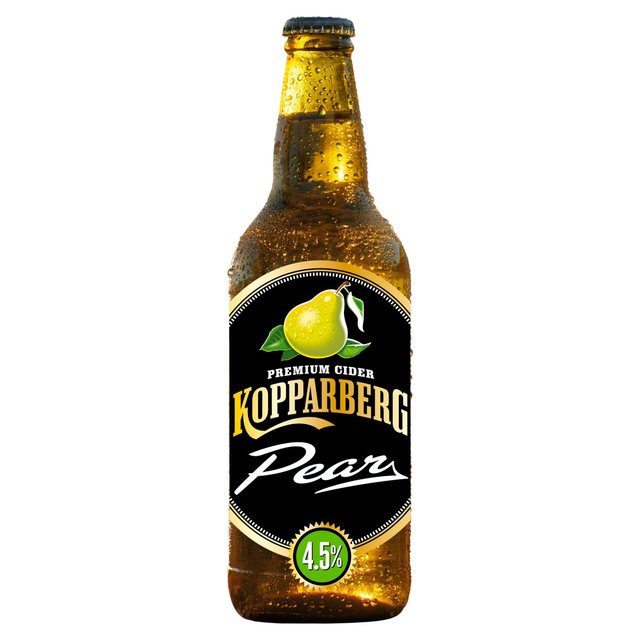 Kopparberg Pear Cider bottle features a golden-brown glass design with a green pear graphic, black label, and 4.5% alcohol content, presented in a multipack of 15 x 500 ml.