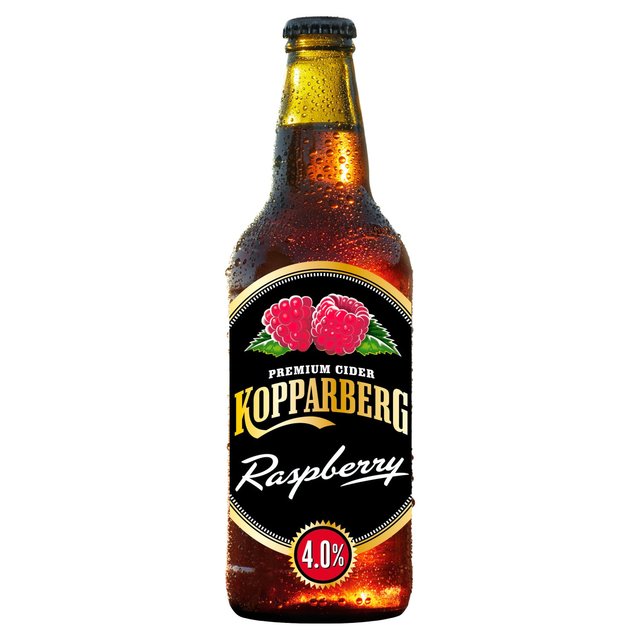 Kopparberg Raspberry cider bottle with a dark amber color, featuring a black label adorned with raspberries and a 4.0% alcohol content indicator.