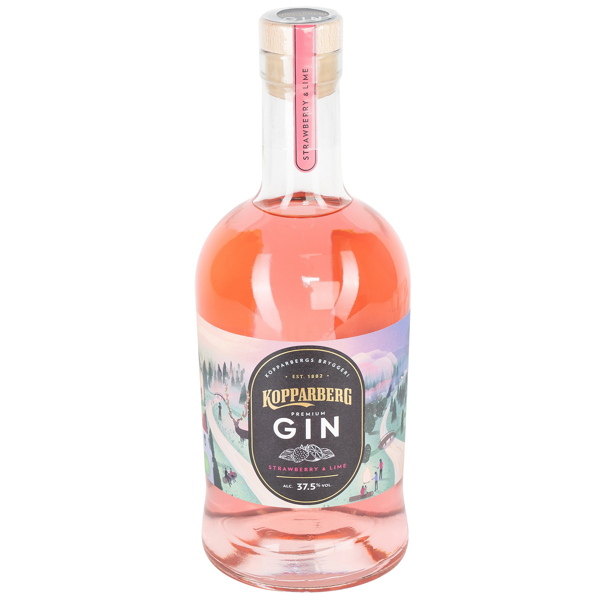 Kopparberg Strawberry & Lime Premium Gin in a clear glass bottle, featuring a pink liquid, a wooden cork, and a colorful label with illustrations and text.