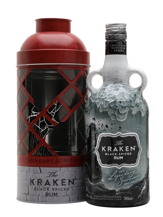 Black spiced rum bottle with two handles, featuring a detailed Kraken design, housed in a red cylindrical box with a spider web motif and the text "The Legendary Survivor Series."