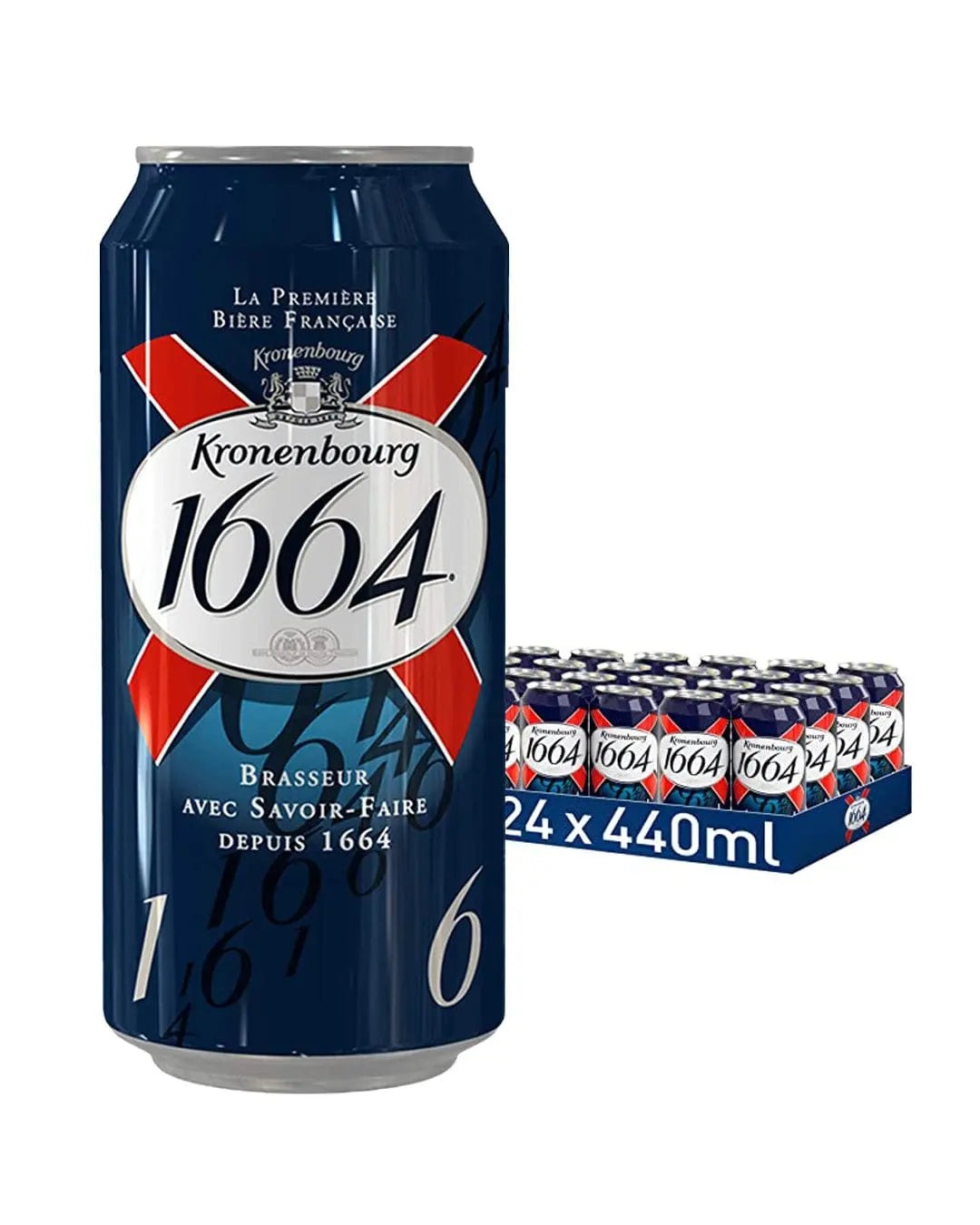 Kronenbourg 1664 Lager Beer can in a navy blue design with red and white accents, featuring the brand logo, alongside a pack of 24 cans, each 440 ml.