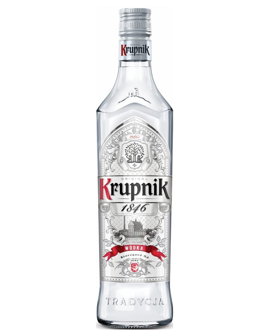 Clear glass bottle of Krupnik Vodka, 70 cl, featuring a decorative label with red and silver accents, and intricate designs, topped with a silver cap.