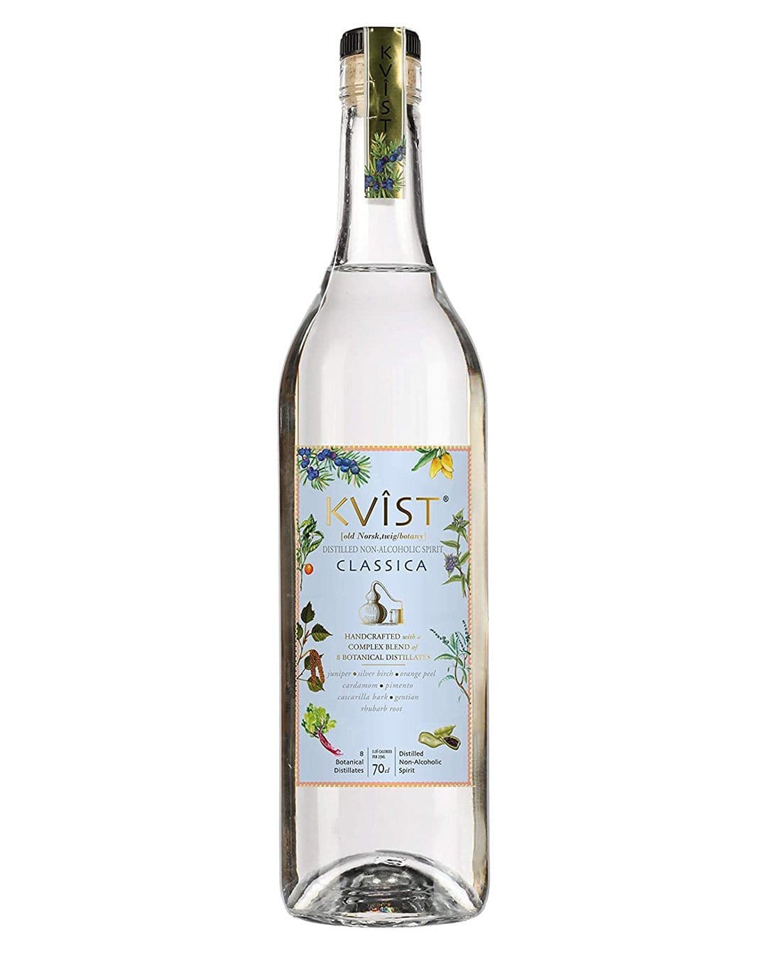 Clear glass bottle of KVÎST Classica distilled non-alcoholic spirit, featuring a decorative label with botanical illustrations, measuring 70 cl.