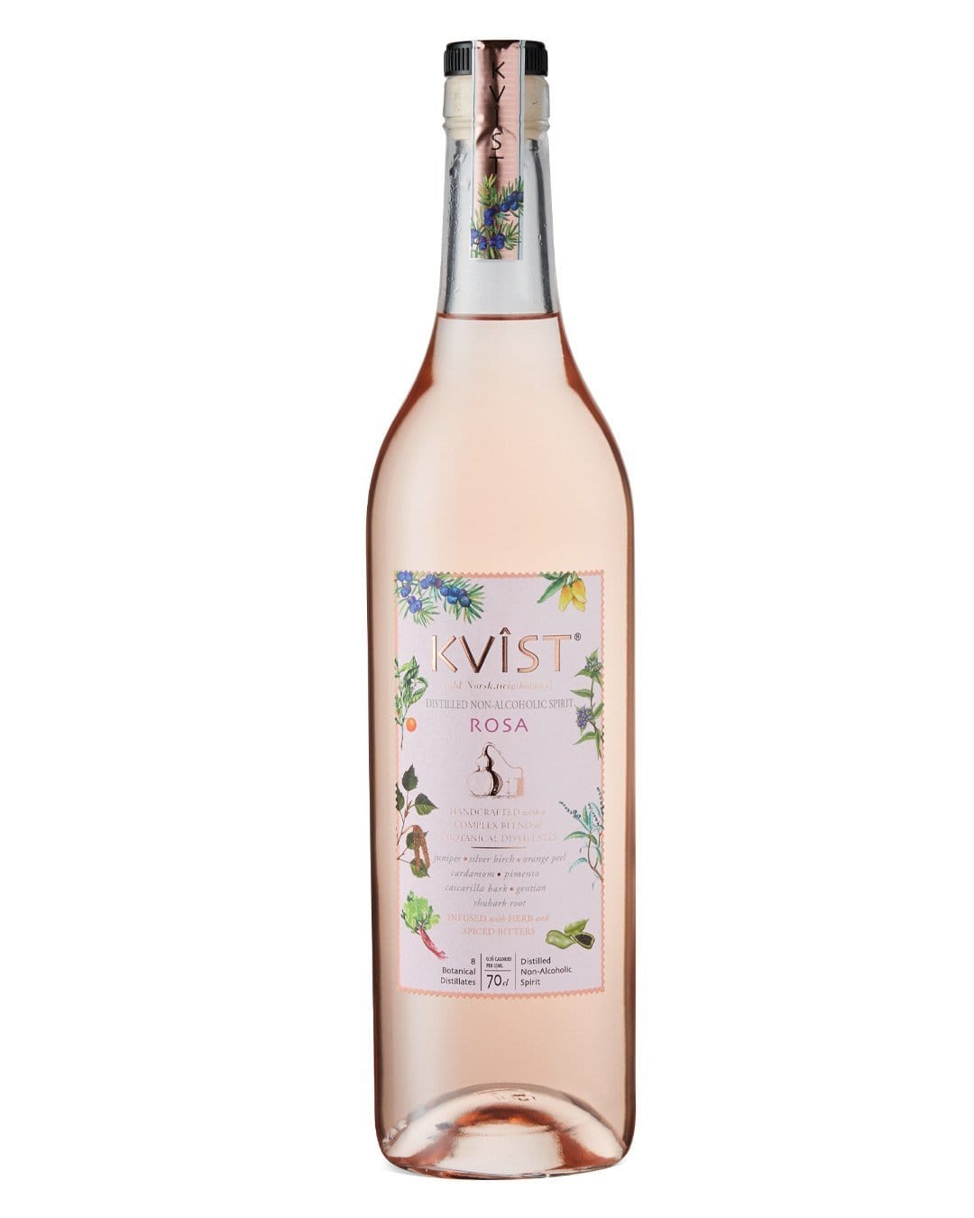 KVÎST Rosa is a 70 Cl bottle of distilled non-alcoholic spirit, featuring a clear glass design, a pink liquid, and a decorative label with floral illustrations.