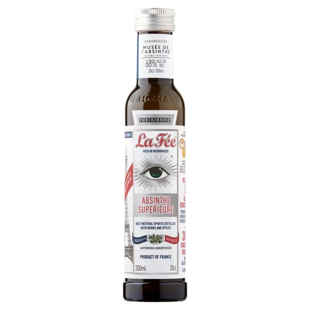La Fée Parisienne Absinthe Superieure in a clear glass bottle, featuring a white label with an eye design, red accents, and a silver cap, containing 20 cl of 68% alcohol by volume.