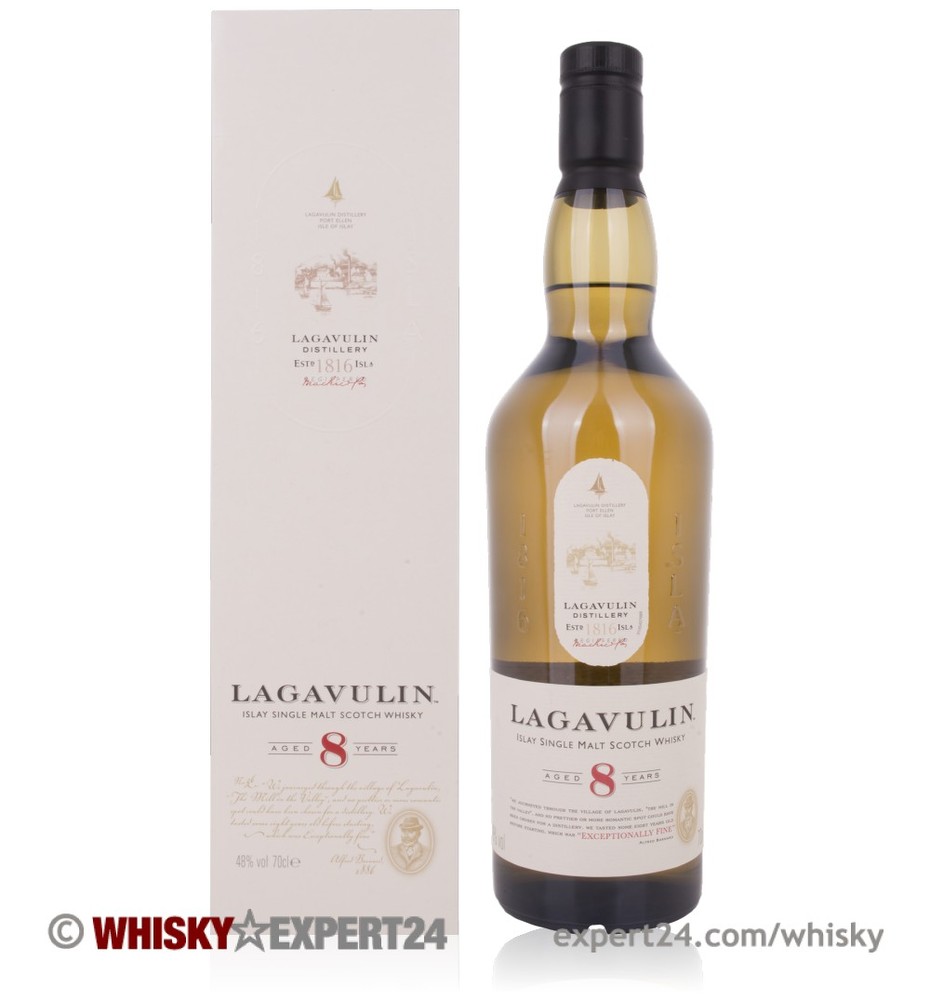 Lagavulin 8 Year Old Islay Single Malt Scotch Whisky bottle in a clear glass with a white label, featuring gold accents and a matching white box, showcasing the brand name prominently.