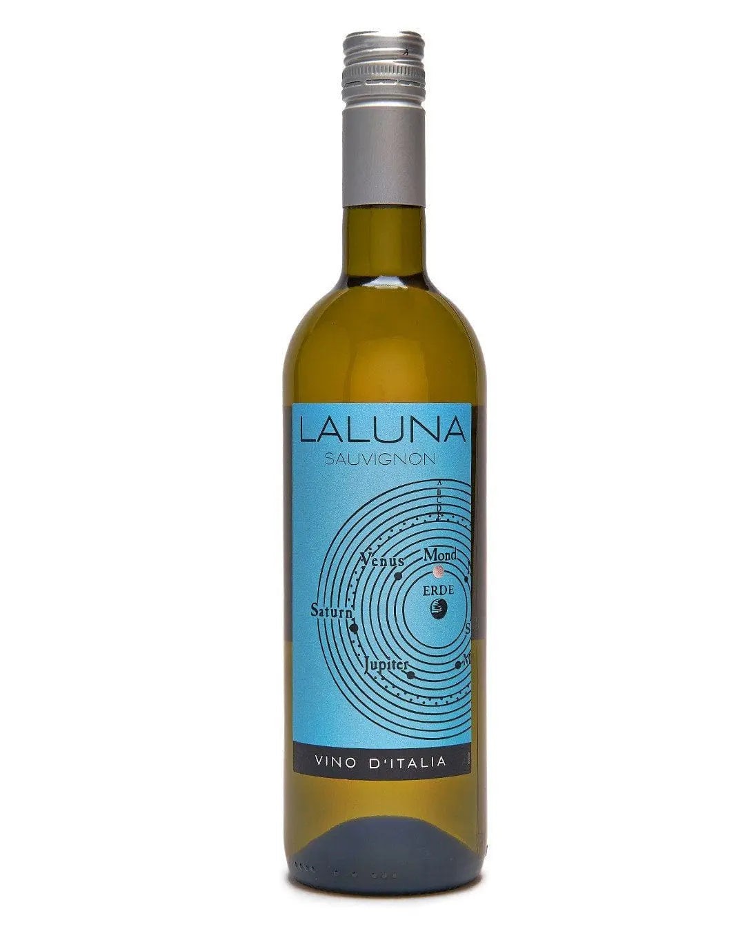 Laluna Sauvignon Blanc bottle with a sleek green glass design, featuring a light blue label with circular patterns and text, and a silver screw cap.