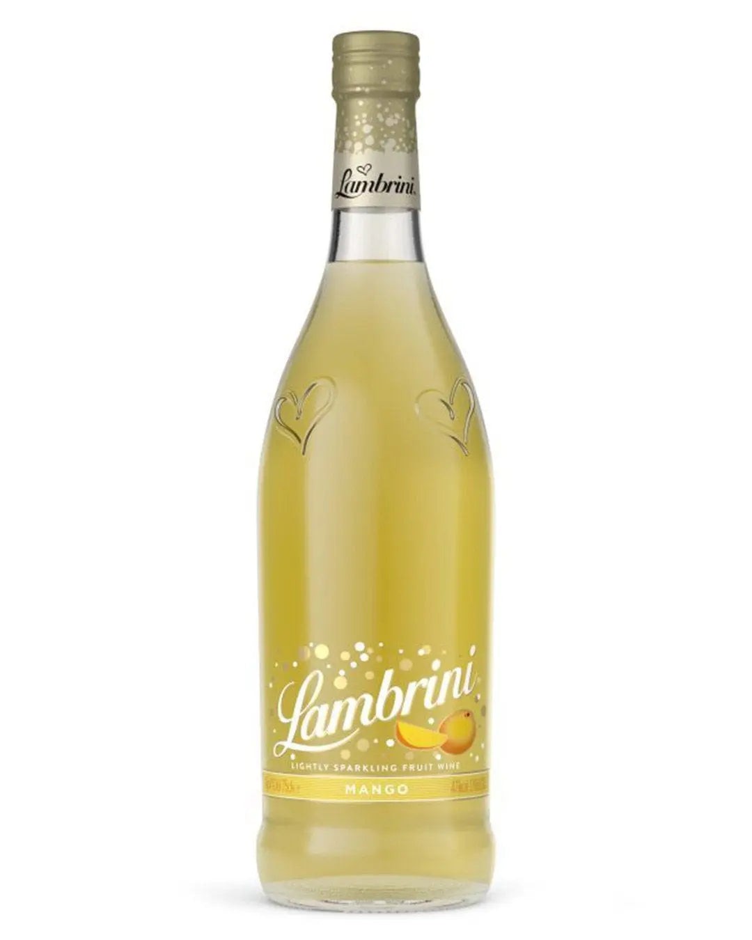 Clear glass bottle of Lambrini Mango Slightly Sparkling Fruit Wine, featuring a light yellow liquid, decorative heart patterns, and a gold screw cap.