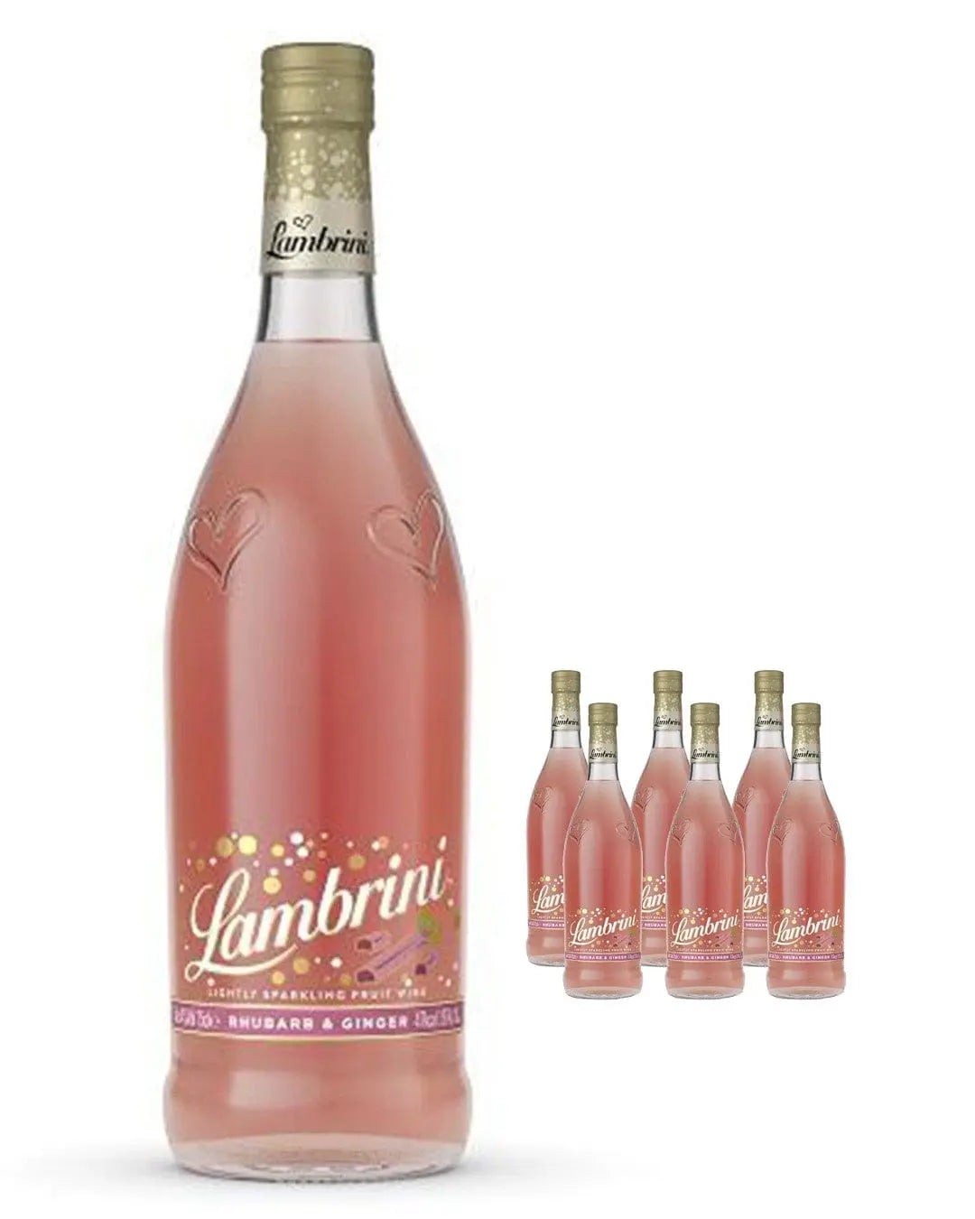 Clear glass bottle of Lambrini Rhubarb & Ginger Slightly Sparkling Fruit Wine, 75 cl, featuring a pink liquid, gold cap, and decorative label with hearts and colorful dots.