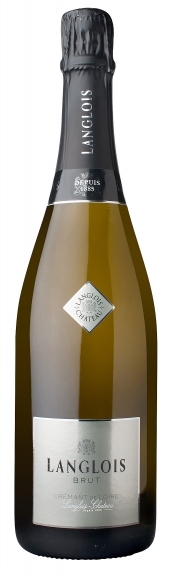 Langlois Crémant De Loire Brut NV sparkling wine bottle, featuring a sleek dark bottle with a black foil cap, silver label, and diamond logo, 75 cl size.